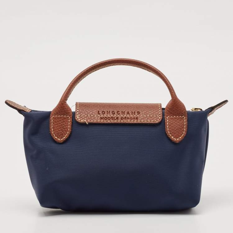 Pre Owned Longchamp Navy Blue Leather and Nylon Le Pliage Pouch 