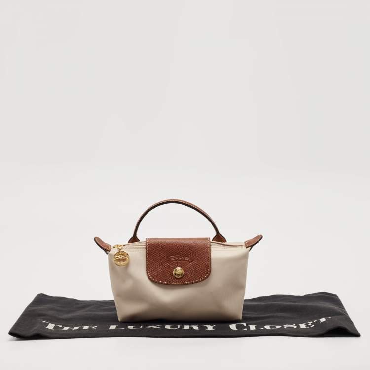 Pre Owned Longchamp Beige Leather and Nylon Le Pliage Pouch