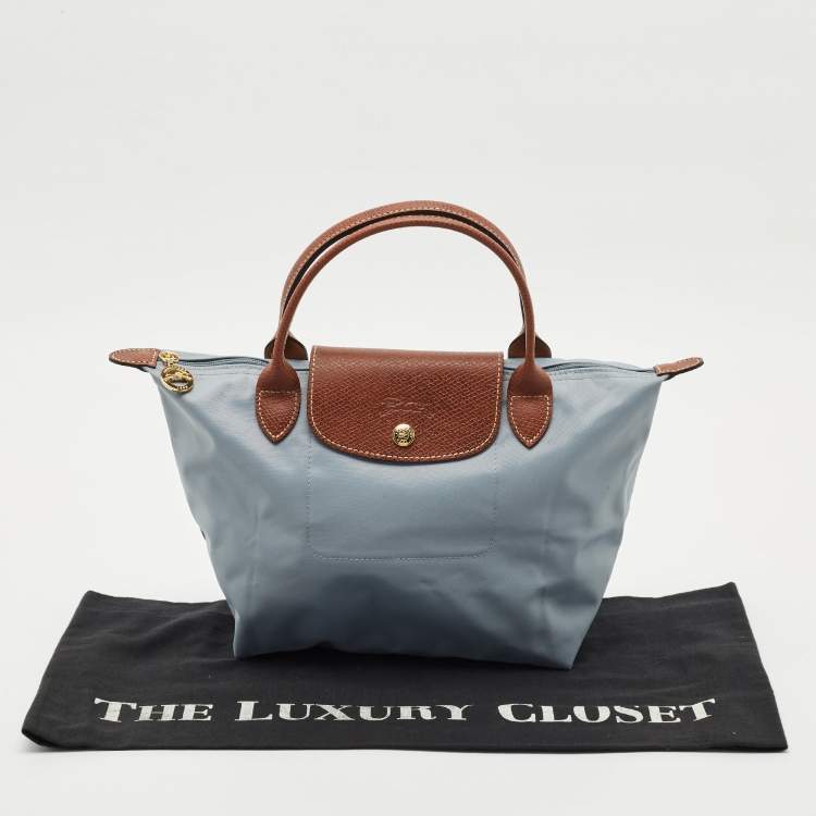 Pre Owned Longchamp Light Blue/Brown Nylon Small Short Le Pliage Tote