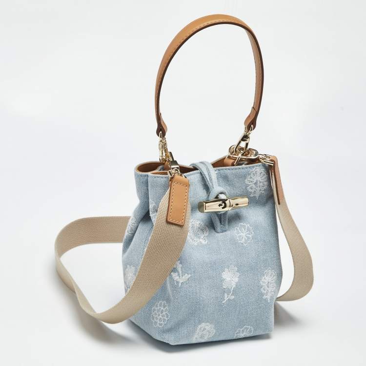 Pre Owned Longchamp Blue Denim Mini Le Roseau Bucket Bag