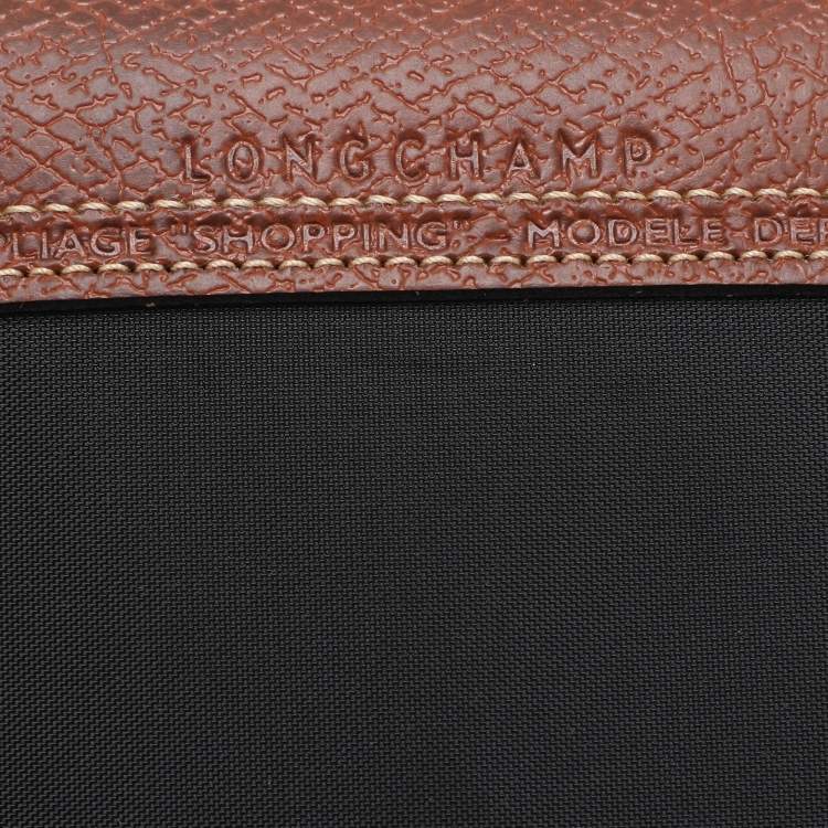 Pre Owned Longchamp Black/Brown Nylon and Leather Small Le Pliage Tote