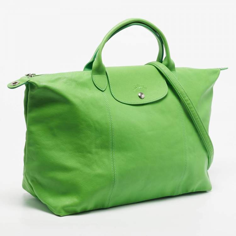 Pre Owned Longchamp Light Green Leather Large Le Pliage Tote
