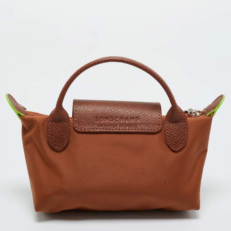 Pre Owned Longchamp Brown Leather and Nylon Le Pliage Pouch