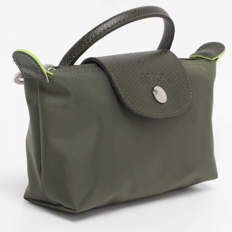 Pre Owned Longchamp Olive Green Leather and Nylon Le Pliage Pouch 