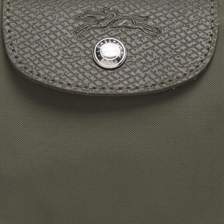 Pre Owned Longchamp Olive Green Leather and Nylon Le Pliage Pouch 