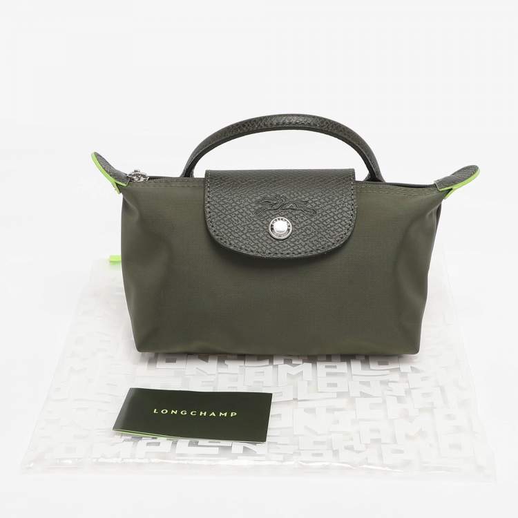 Pre Owned Longchamp Olive Green Leather and Nylon Le Pliage Pouch 