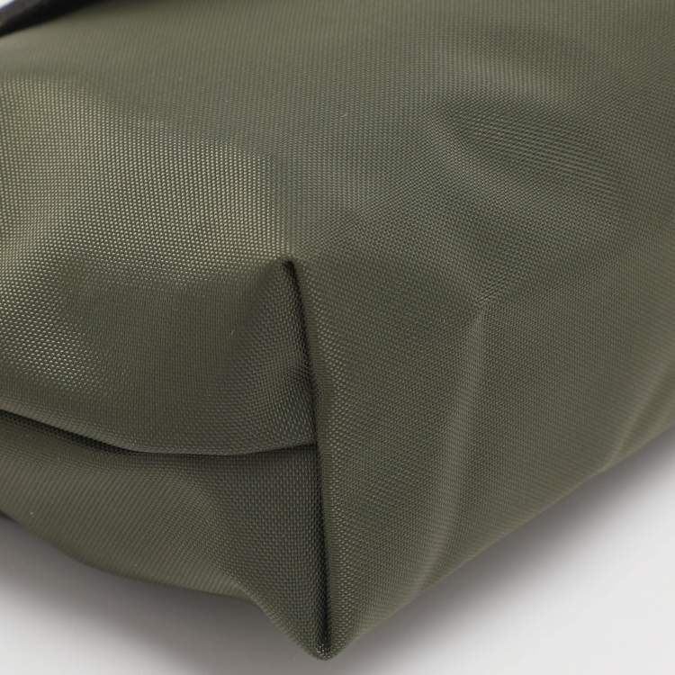 Pre Owned Longchamp Olive Green Leather and Nylon Le Pliage Pouch 