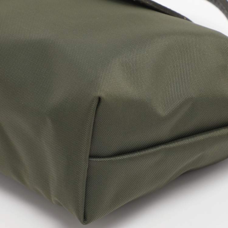 Pre Owned Longchamp Olive Green Leather and Nylon Le Pliage Pouch 