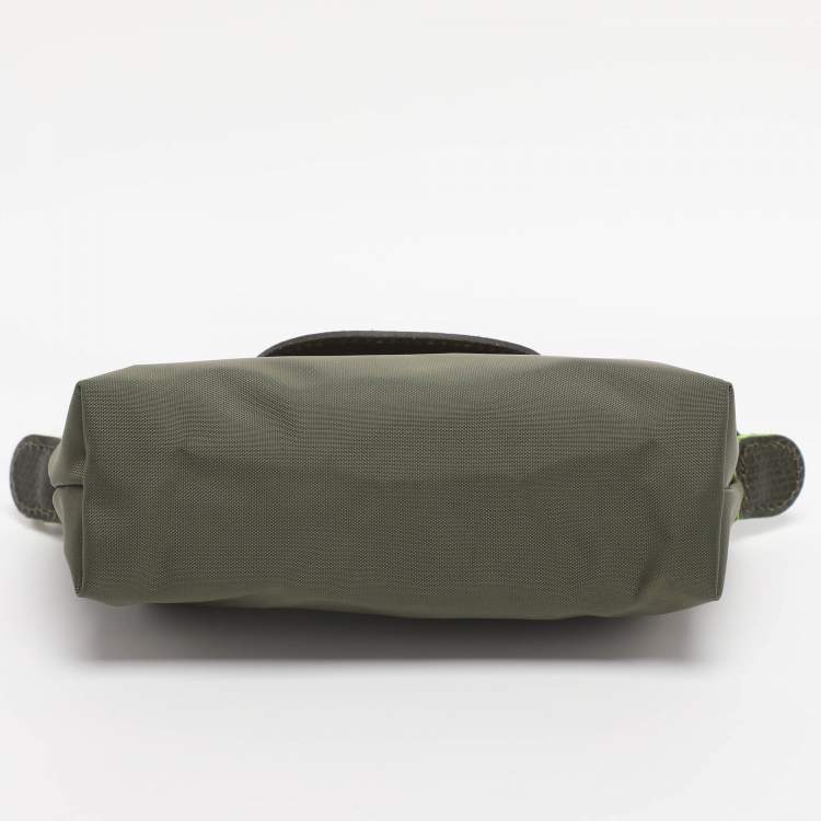 Pre Owned Longchamp Olive Green Leather and Nylon Le Pliage Pouch 