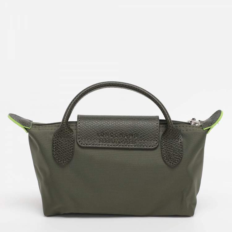 Pre Owned Longchamp Olive Green Leather and Nylon Le Pliage Pouch 
