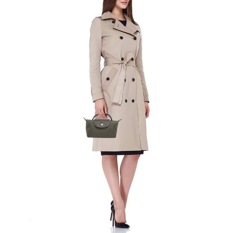Pre Owned Longchamp Olive Green Leather and Nylon Le Pliage Pouch 