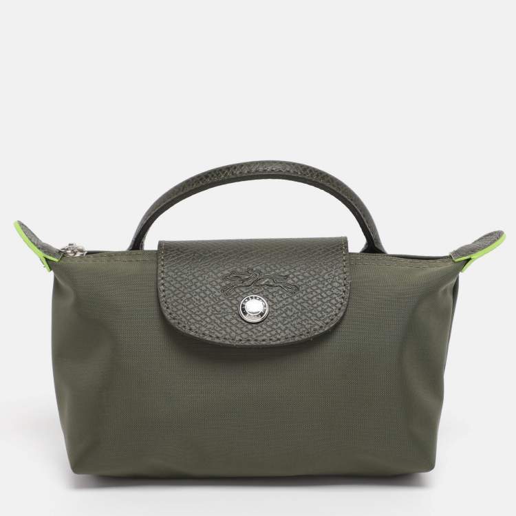 Pre Owned Longchamp Olive Green Leather and Nylon Le Pliage Pouch 
