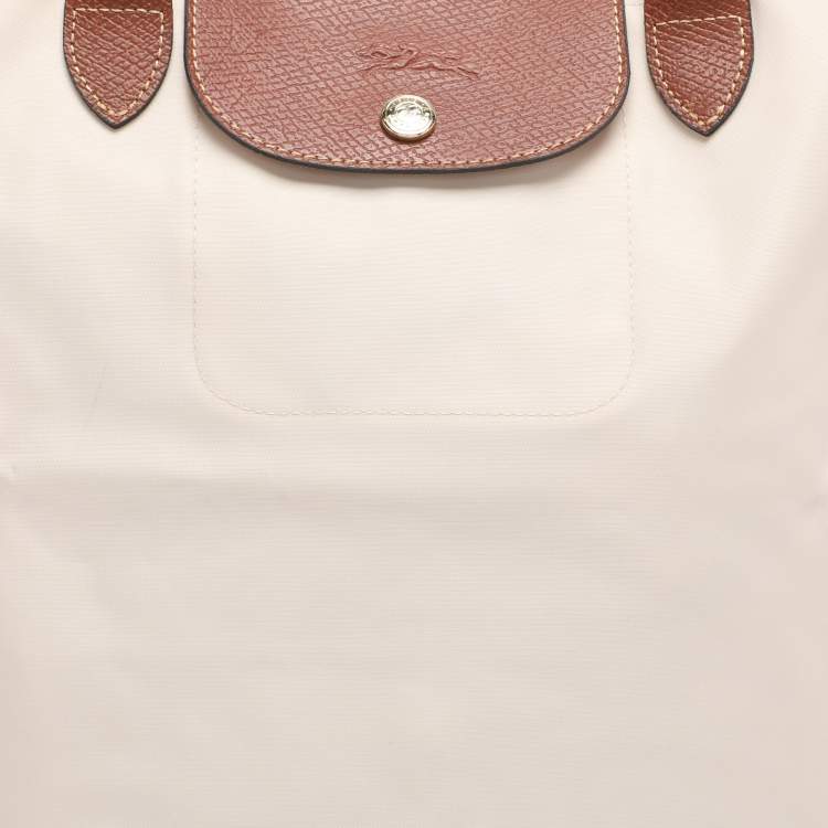 Pre Owned Longchamp Light Beige/Brown Nylon and Leather Le Pliage M Tote