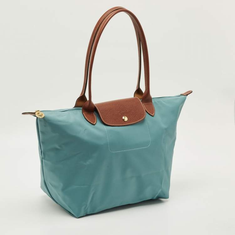 Pre Owned Longchamp Le Pliage Medium Light Blue/Brown Nylon and Leather Tote