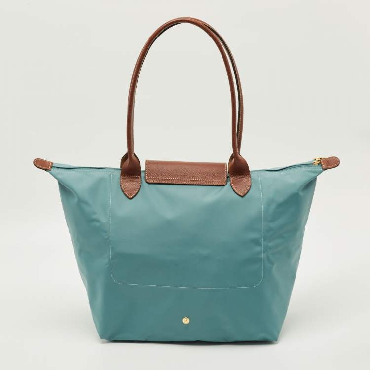 Pre Owned Longchamp Le Pliage Medium Light Blue/Brown Nylon and Leather Tote