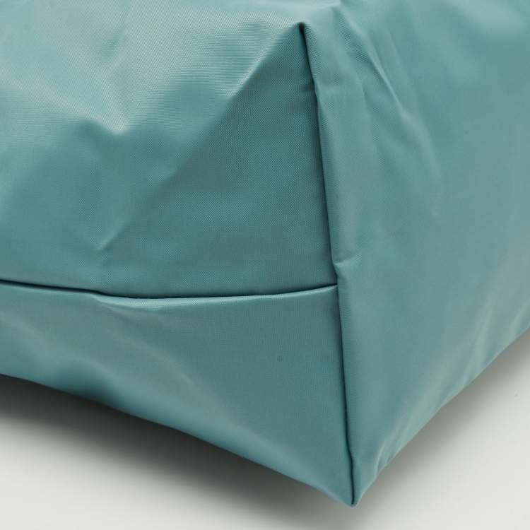 Pre Owned Longchamp Le Pliage Medium Light Blue/Brown Nylon and Leather Tote