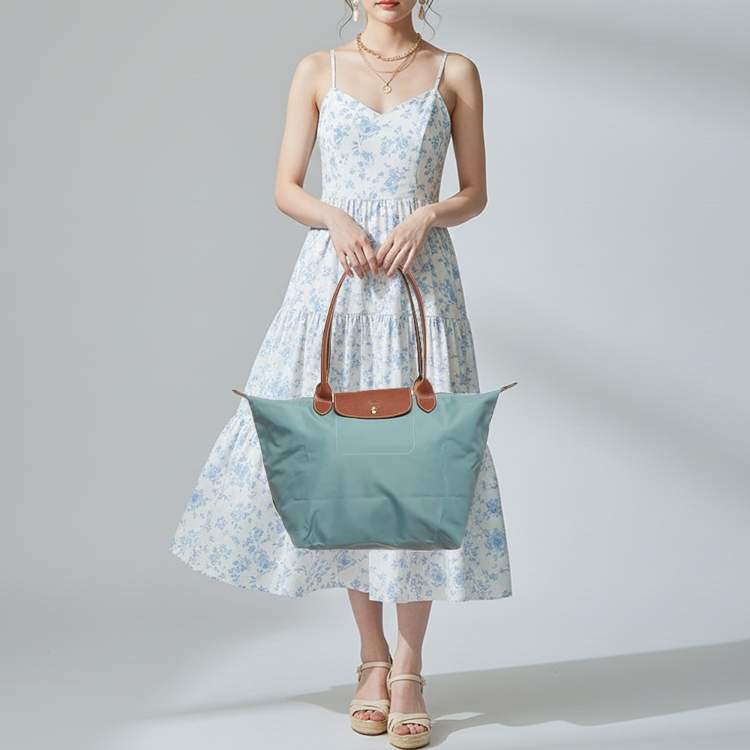 Pre Owned Longchamp Le Pliage Medium Light Blue/Brown Nylon and Leather Tote