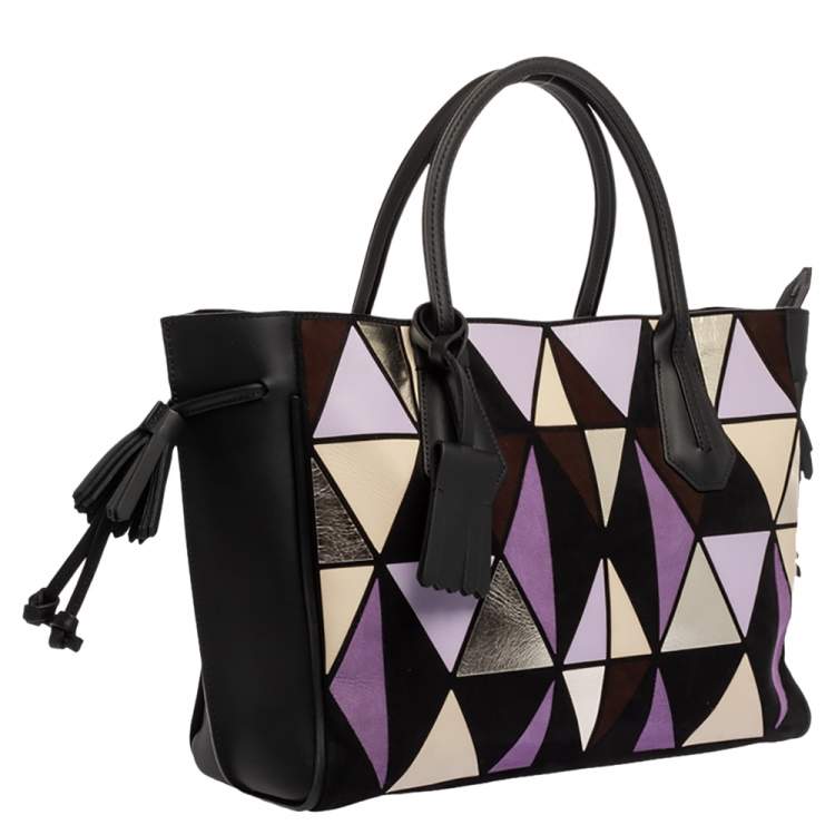 Pre Owned Longchamp Black/Multicolor Leather and Suede Medium Penelope Arty Tote