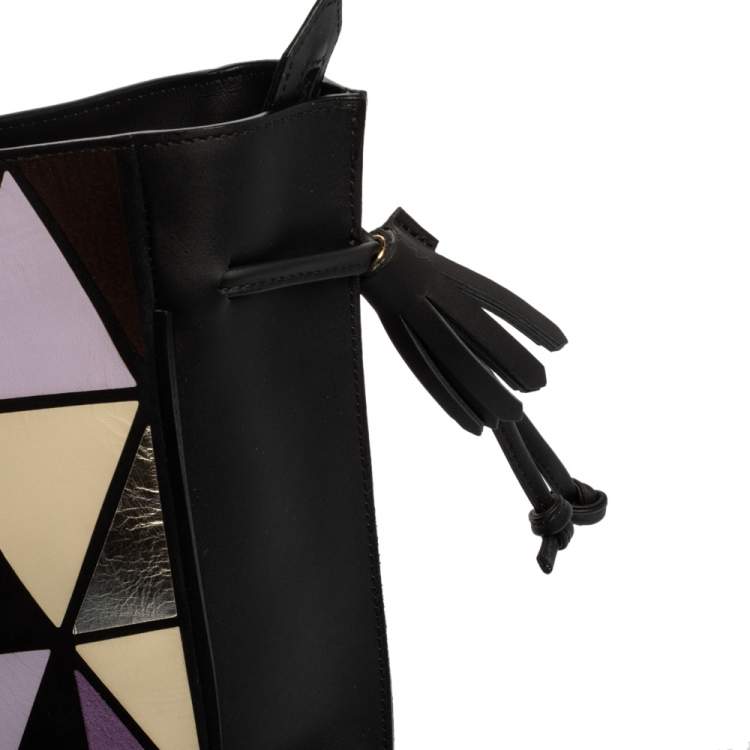 Pre Owned Longchamp Black/Multicolor Leather and Suede Medium Penelope Arty Tote