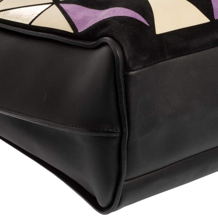 Pre Owned Longchamp Black/Multicolor Leather and Suede Medium Penelope Arty Tote