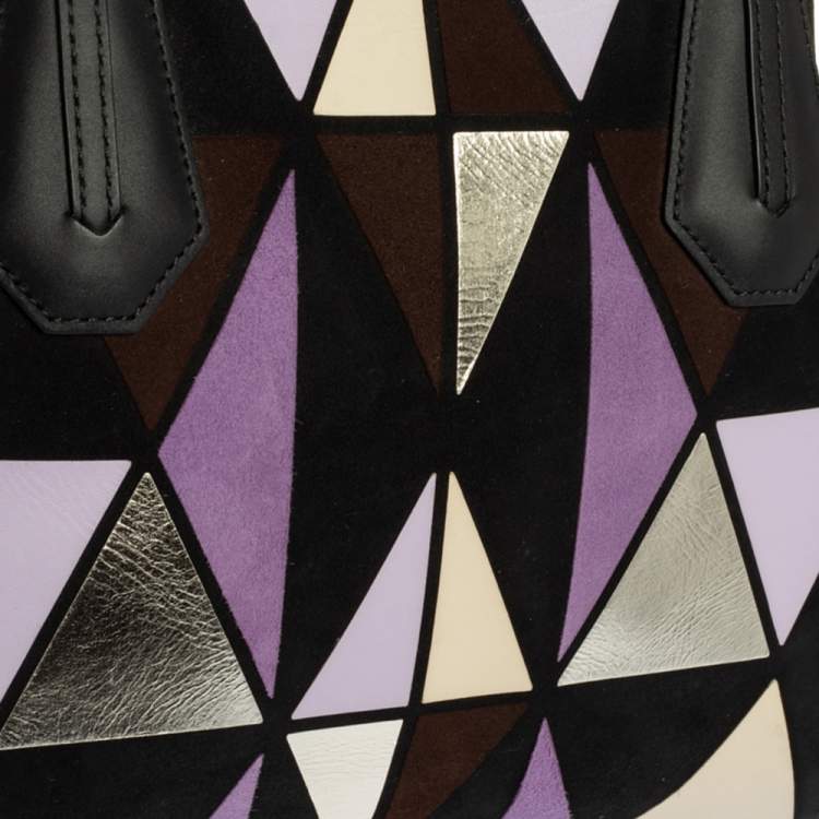 Pre Owned Longchamp Black/Multicolor Leather and Suede Medium Penelope Arty Tote