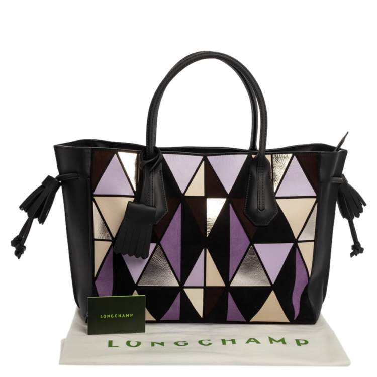 Pre Owned Longchamp Black/Multicolor Leather and Suede Medium Penelope Arty Tote