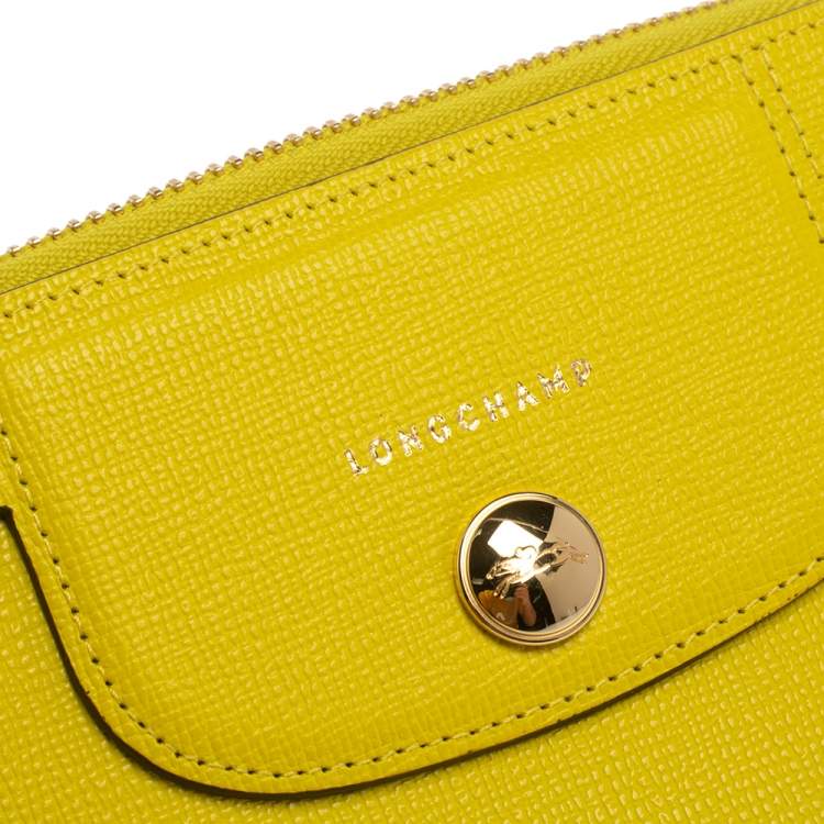 Pre Owned Longchamp Lime Leather Le Pliage Heritage Zip Around Wallet