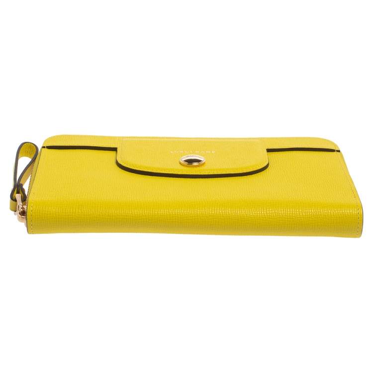 Pre Owned Longchamp Lime Leather Le Pliage Heritage Zip Around Wallet