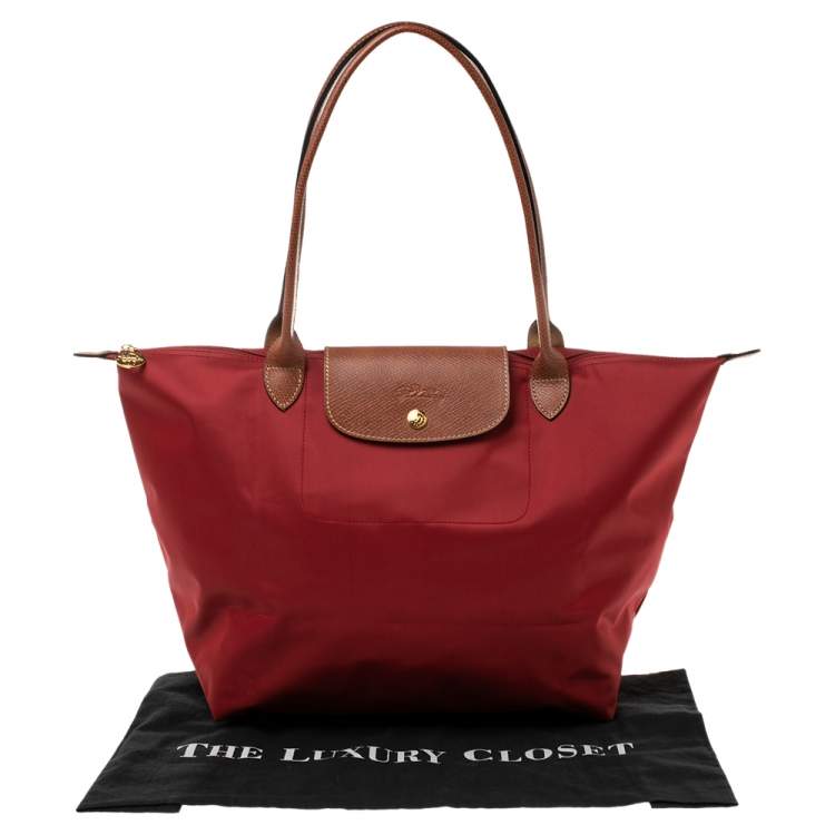Pre Owned Longchamp Red Nylon and Leather Le Pliage Tote