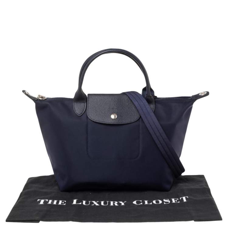 Pre Owned Longchamp Navy Blue Nylon and Leather Small Le Pliage Tote