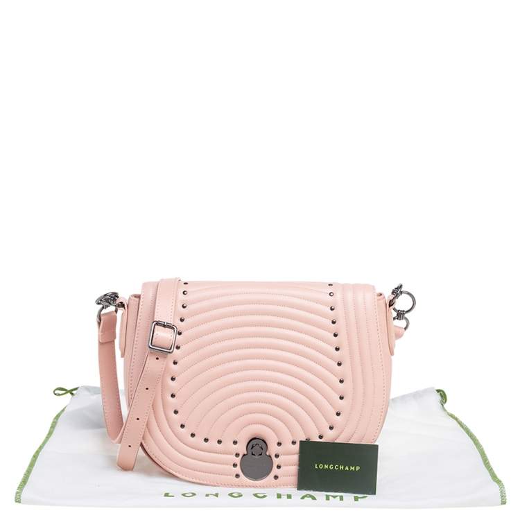 Pre Owned Longchamp Pink Leather Studded Cavalcade Flap Crossbody Bag