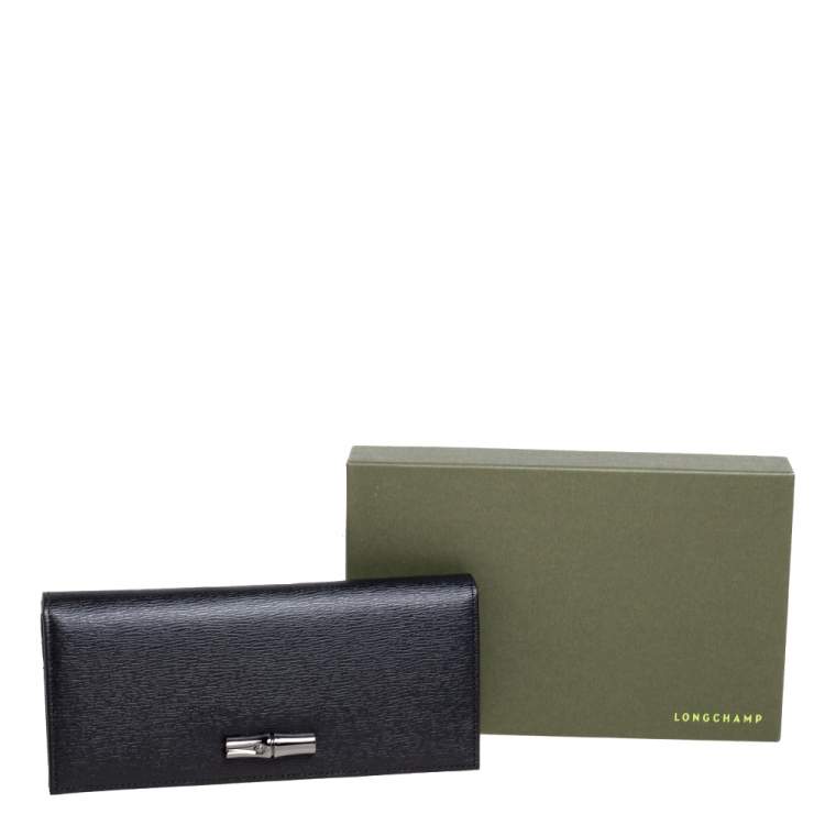 Pre Owned Longchamp Black Textured Leather Flap Continental Wallet 