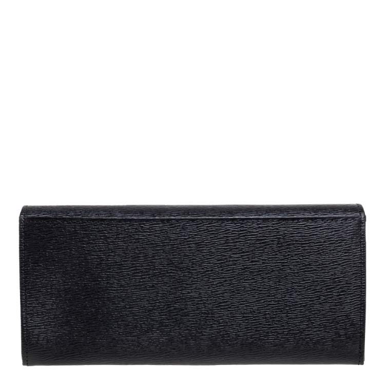 Pre Owned Longchamp Black Textured Leather Flap Continental Wallet 