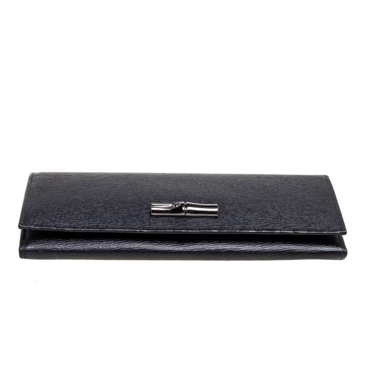 Pre Owned Longchamp Black Textured Leather Flap Continental Wallet 