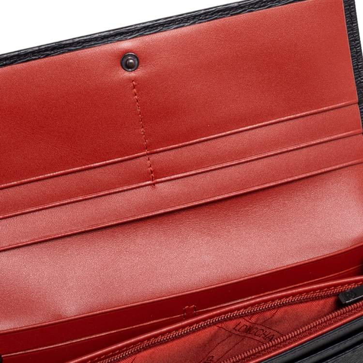 Pre Owned Longchamp Black Textured Leather Flap Continental Wallet 