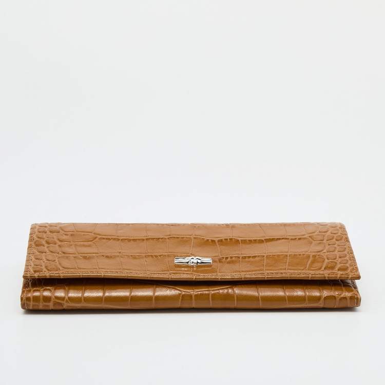 Pre Owned Longchamp Brown Croc Embossed Leather Roseau Continental Wallet 