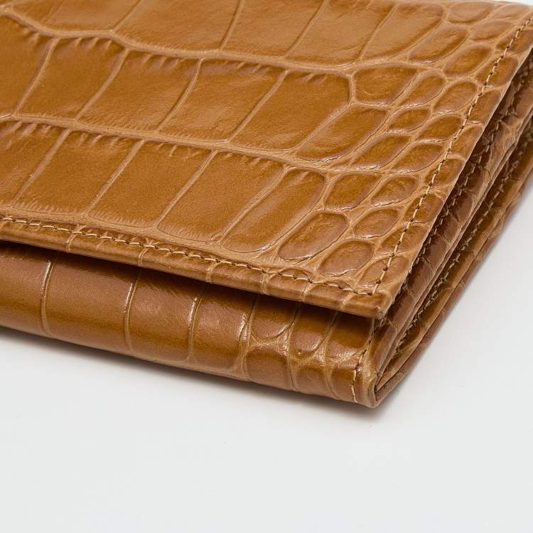Pre Owned Longchamp Brown Croc Embossed Leather Roseau Continental Wallet 