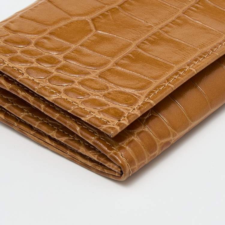 Pre Owned Longchamp Brown Croc Embossed Leather Roseau Continental Wallet 