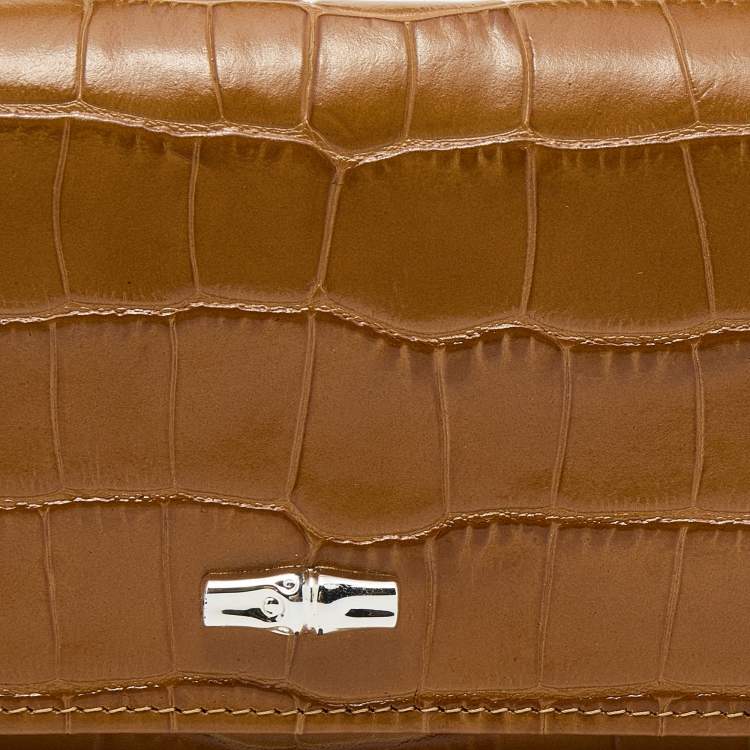 Pre Owned Longchamp Brown Croc Embossed Leather Roseau Continental Wallet 