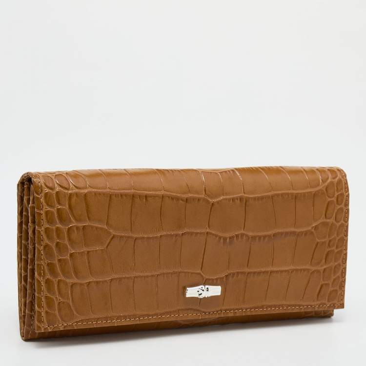 Pre Owned Longchamp Brown Croc Embossed Leather Roseau Continental Wallet 