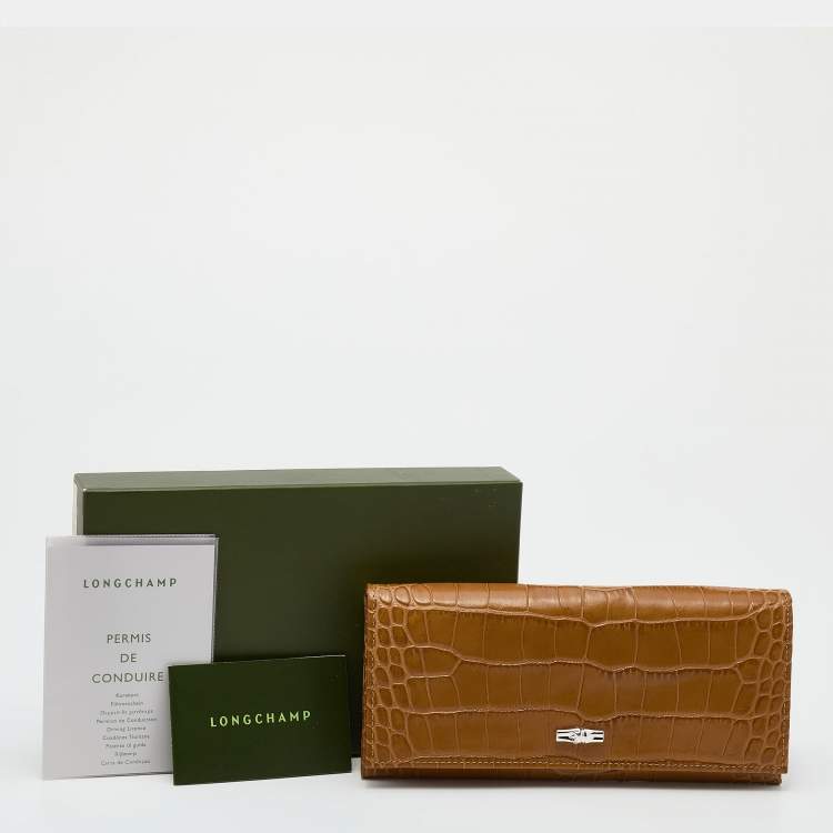 Pre Owned Longchamp Brown Croc Embossed Leather Roseau Continental Wallet 