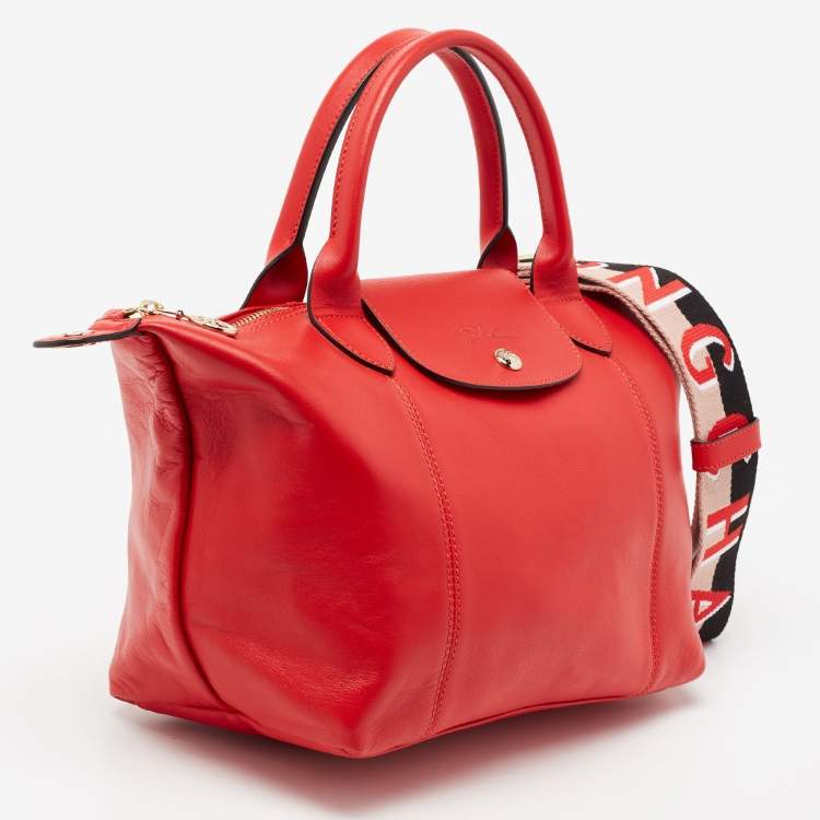 Pre Owned Longchamp Red Leather Le Pliage Tote