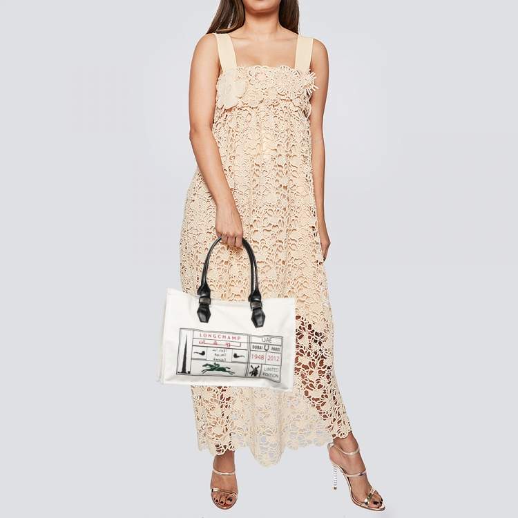 Pre Owned Longchamp White Leather And Canvas Tote