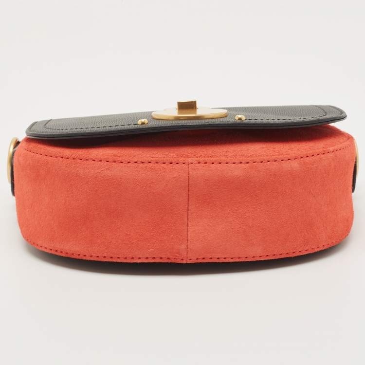 Pre Owned Longchamp Black/Orange Leather and Suede Cavalcade Crossbody Bag