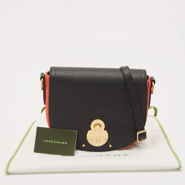 Pre Owned Longchamp Black/Orange Leather and Suede Cavalcade Crossbody Bag