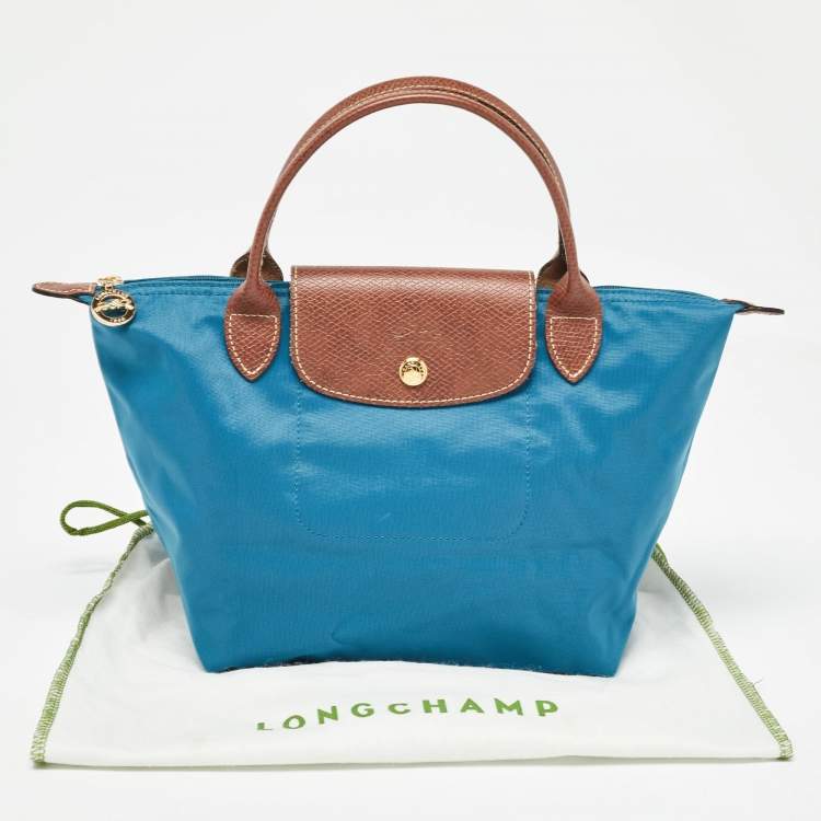 مملوكة مسبقًا Longchamp Brown/Teal Blue Nylon and Leather Small Short Le Pliage Tote