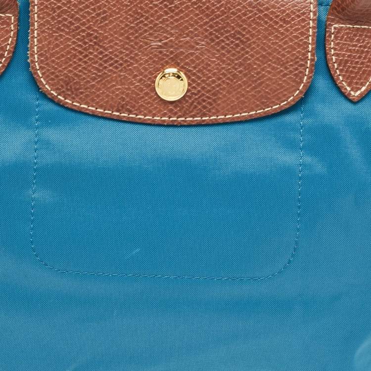 مملوكة مسبقًا Longchamp Brown/Teal Blue Nylon and Leather Small Short Le Pliage Tote