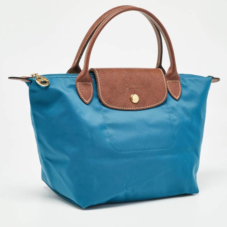 مملوكة مسبقًا Longchamp Brown/Teal Blue Nylon and Leather Small Short Le Pliage Tote