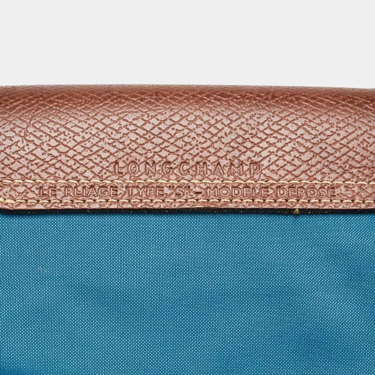 مملوكة مسبقًا Longchamp Brown/Teal Blue Nylon and Leather Small Short Le Pliage Tote