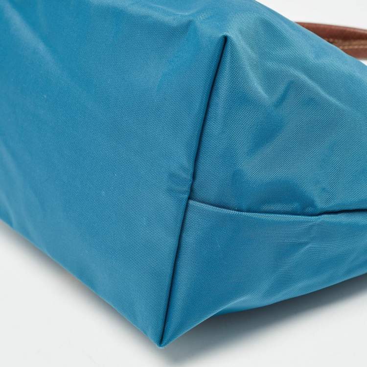 مملوكة مسبقًا Longchamp Brown/Teal Blue Nylon and Leather Small Short Le Pliage Tote